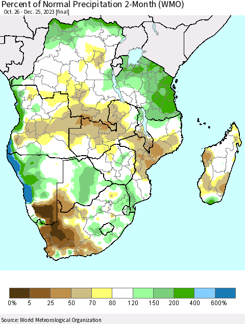 Southern Africa Percent of Normal Precipitation 2-Month (WMO) Thematic Map For 10/26/2023 - 12/25/2023