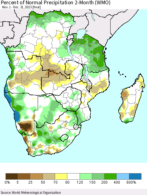 Southern Africa Percent of Normal Precipitation 2-Month (WMO) Thematic Map For 11/1/2023 - 12/31/2023