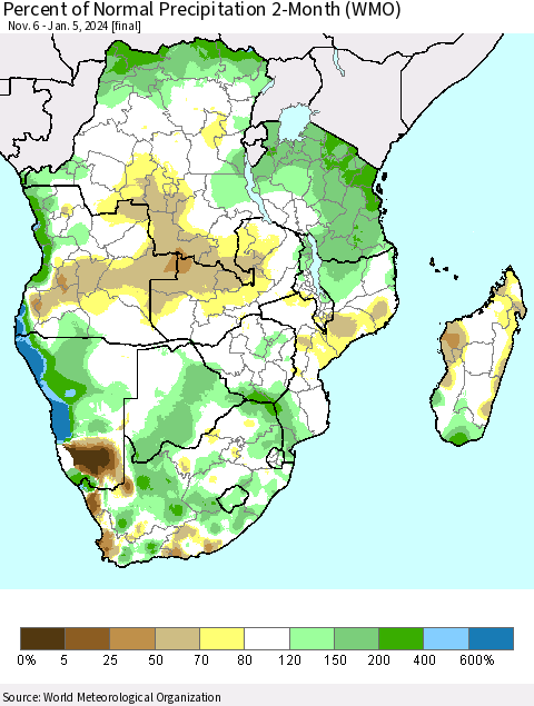 Southern Africa Percent of Normal Precipitation 2-Month (WMO) Thematic Map For 11/6/2023 - 1/5/2024