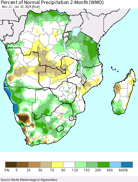 Southern Africa Percent of Normal Precipitation 2-Month (WMO) Thematic Map For 11/11/2023 - 1/10/2024