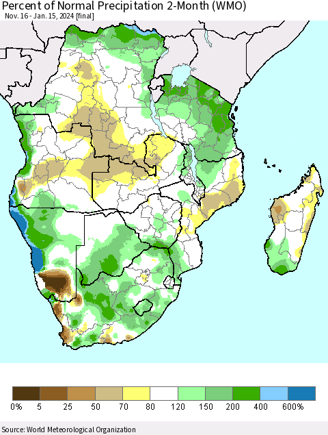 Southern Africa Percent of Normal Precipitation 2-Month (WMO) Thematic Map For 11/16/2023 - 1/15/2024