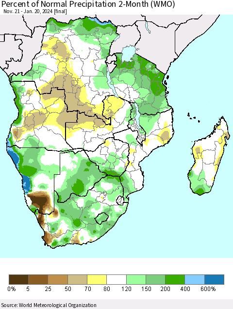 Southern Africa Percent of Normal Precipitation 2-Month (WMO) Thematic Map For 11/21/2023 - 1/20/2024