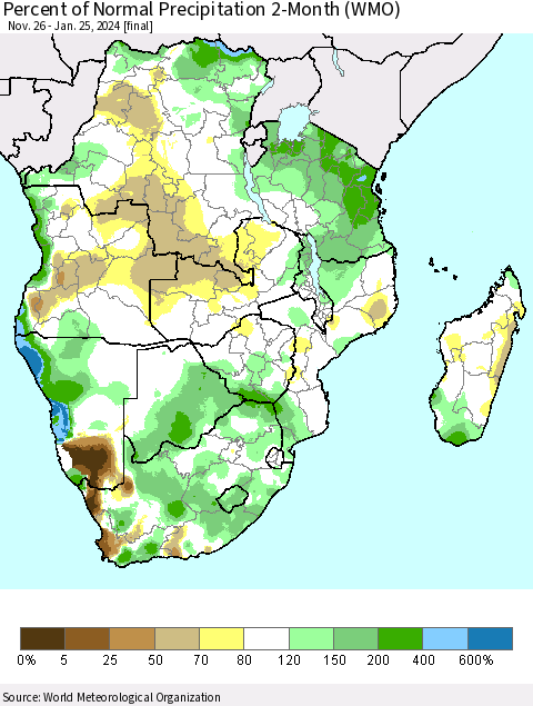 Southern Africa Percent of Normal Precipitation 2-Month (WMO) Thematic Map For 11/26/2023 - 1/25/2024