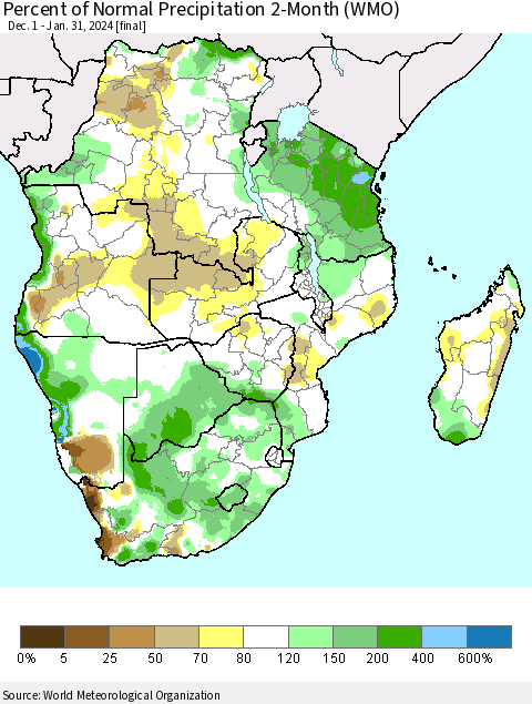 Southern Africa Percent of Normal Precipitation 2-Month (WMO) Thematic Map For 12/1/2023 - 1/31/2024