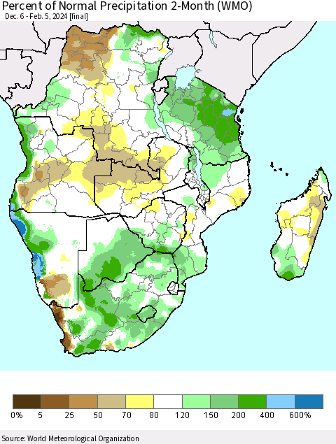Southern Africa Percent of Normal Precipitation 2-Month (WMO) Thematic Map For 12/6/2023 - 2/5/2024