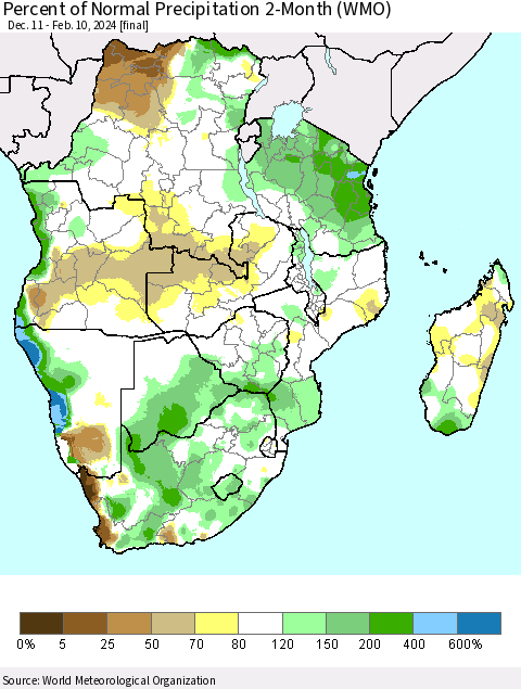 Southern Africa Percent of Normal Precipitation 2-Month (WMO) Thematic Map For 12/11/2023 - 2/10/2024