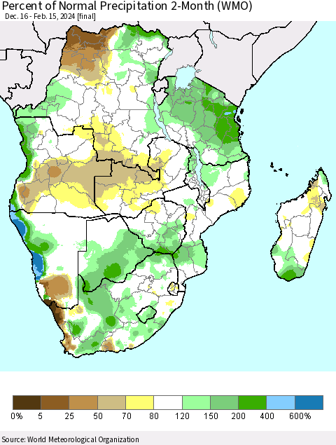 Southern Africa Percent of Normal Precipitation 2-Month (WMO) Thematic Map For 12/16/2023 - 2/15/2024