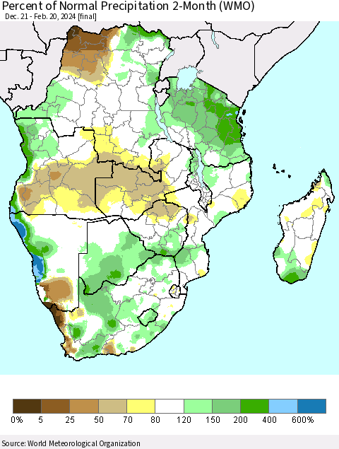 Southern Africa Percent of Normal Precipitation 2-Month (WMO) Thematic Map For 12/21/2023 - 2/20/2024