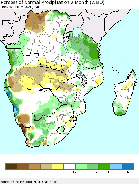 Southern Africa Percent of Normal Precipitation 2-Month (WMO) Thematic Map For 12/26/2023 - 2/25/2024