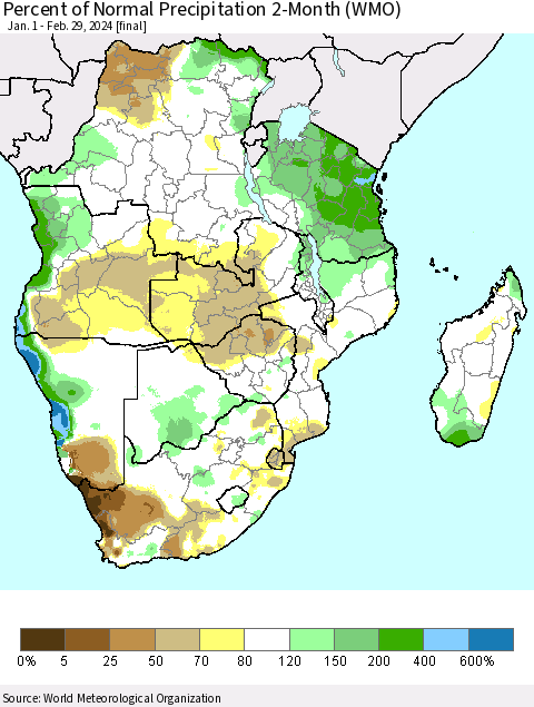Southern Africa Percent of Normal Precipitation 2-Month (WMO) Thematic Map For 1/1/2024 - 2/29/2024