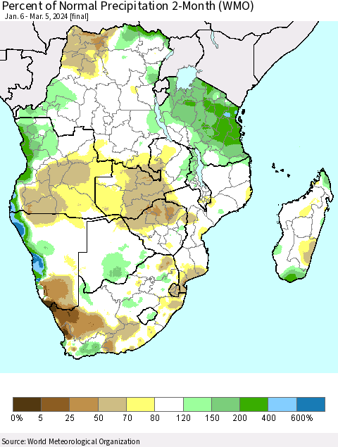 Southern Africa Percent of Normal Precipitation 2-Month (WMO) Thematic Map For 1/6/2024 - 3/5/2024