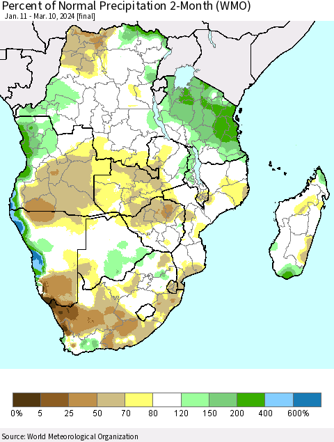 Southern Africa Percent of Normal Precipitation 2-Month (WMO) Thematic Map For 1/11/2024 - 3/10/2024