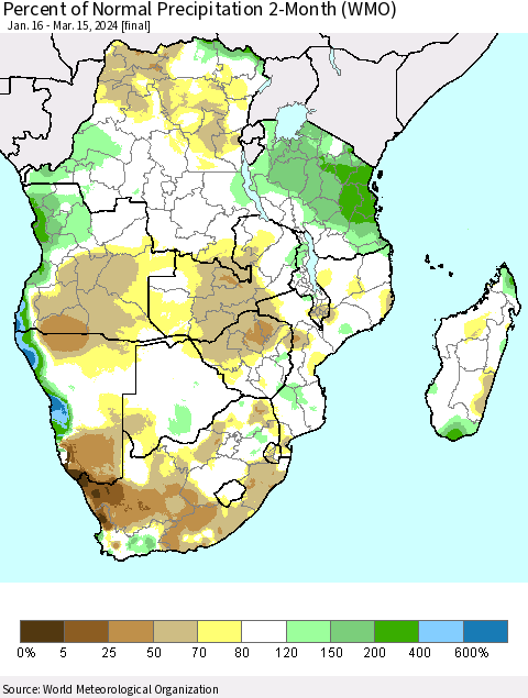 Southern Africa Percent of Normal Precipitation 2-Month (WMO) Thematic Map For 1/16/2024 - 3/15/2024