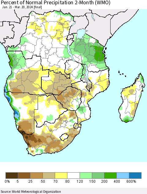 Southern Africa Percent of Normal Precipitation 2-Month (WMO) Thematic Map For 1/21/2024 - 3/20/2024