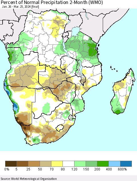 Southern Africa Percent of Normal Precipitation 2-Month (WMO) Thematic Map For 1/26/2024 - 3/25/2024