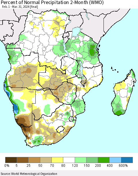 Southern Africa Percent of Normal Precipitation 2-Month (WMO) Thematic Map For 2/1/2024 - 3/31/2024