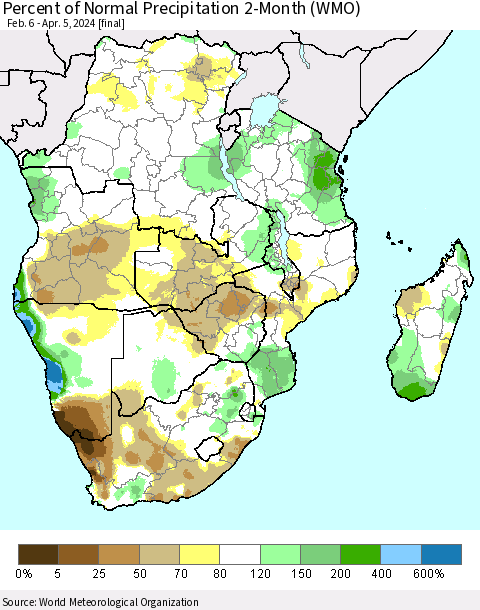 Southern Africa Percent of Normal Precipitation 2-Month (WMO) Thematic Map For 2/6/2024 - 4/5/2024
