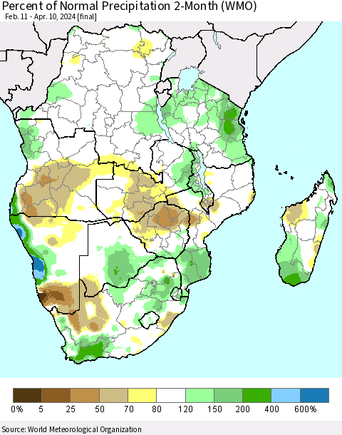 Southern Africa Percent of Normal Precipitation 2-Month (WMO) Thematic Map For 2/11/2024 - 4/10/2024