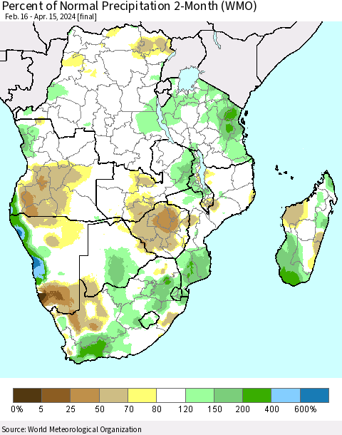 Southern Africa Percent of Normal Precipitation 2-Month (WMO) Thematic Map For 2/16/2024 - 4/15/2024