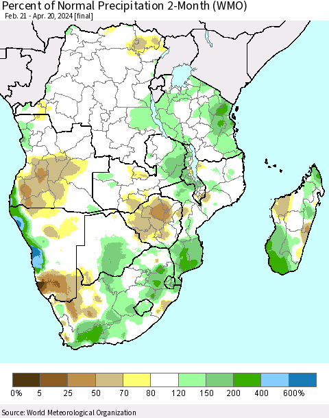 Southern Africa Percent of Normal Precipitation 2-Month (WMO) Thematic Map For 2/21/2024 - 4/20/2024