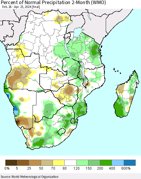 Southern Africa Percent of Normal Precipitation 2-Month (WMO) Thematic Map For 2/26/2024 - 4/25/2024