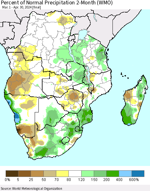 Southern Africa Percent of Normal Precipitation 2-Month (WMO) Thematic Map For 3/1/2024 - 4/30/2024