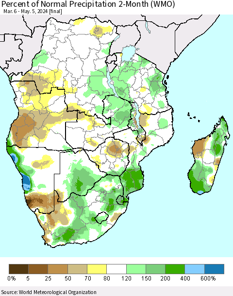 Southern Africa Percent of Normal Precipitation 2-Month (WMO) Thematic Map For 3/6/2024 - 5/5/2024
