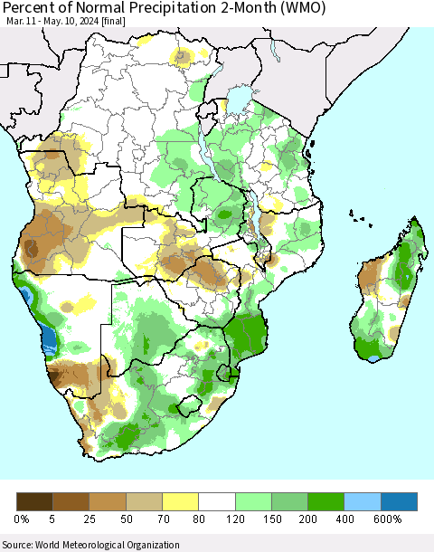 Southern Africa Percent of Normal Precipitation 2-Month (WMO) Thematic Map For 3/11/2024 - 5/10/2024