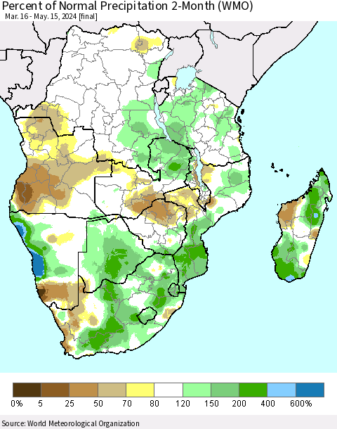 Southern Africa Percent of Normal Precipitation 2-Month (WMO) Thematic Map For 3/16/2024 - 5/15/2024