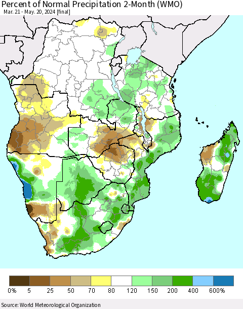 Southern Africa Percent of Normal Precipitation 2-Month (WMO) Thematic Map For 3/21/2024 - 5/20/2024