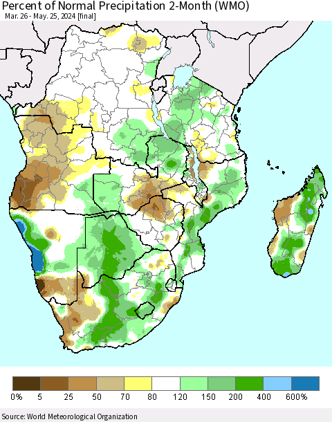 Southern Africa Percent of Normal Precipitation 2-Month (WMO) Thematic Map For 3/26/2024 - 5/25/2024
