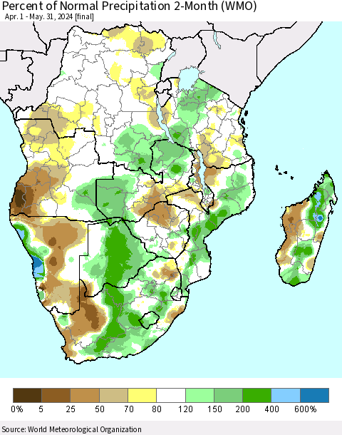 Southern Africa Percent of Normal Precipitation 2-Month (WMO) Thematic Map For 4/1/2024 - 5/31/2024