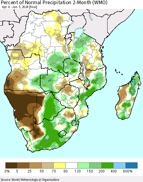Southern Africa Percent of Normal Precipitation 2-Month (WMO) Thematic Map For 4/6/2024 - 6/5/2024