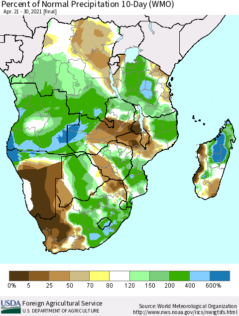 Southern Africa Percent of Normal Precipitation 10-Day (WMO) Thematic Map For 4/21/2021 - 4/30/2021
