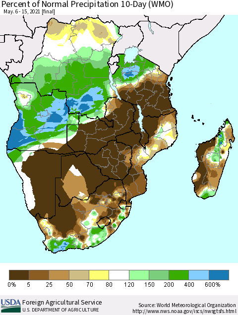 Southern Africa Percent of Normal Precipitation 10-Day (WMO) Thematic Map For 5/6/2021 - 5/15/2021