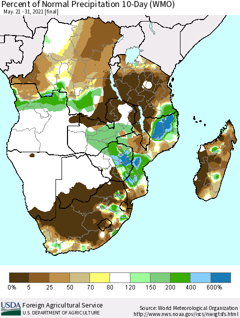 Southern Africa Percent of Normal Precipitation 10-Day (WMO) Thematic Map For 5/21/2021 - 5/31/2021