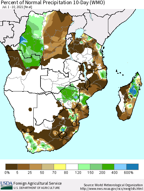 Southern Africa Percent of Normal Precipitation 10-Day (WMO) Thematic Map For 7/1/2021 - 7/10/2021