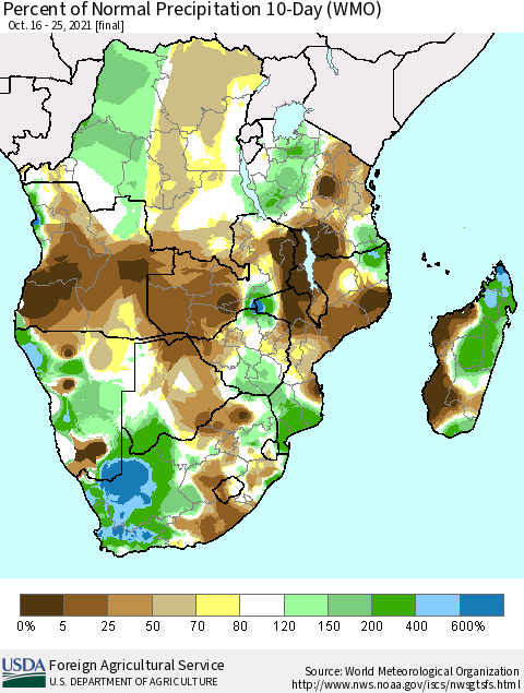 Southern Africa Percent of Normal Precipitation 10-Day (WMO) Thematic Map For 10/16/2021 - 10/25/2021
