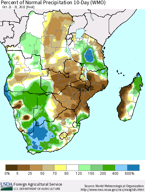 Southern Africa Percent of Normal Precipitation 10-Day (WMO) Thematic Map For 10/21/2021 - 10/31/2021