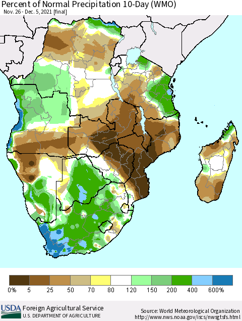Southern Africa Percent of Normal Precipitation 10-Day (WMO) Thematic Map For 11/26/2021 - 12/5/2021