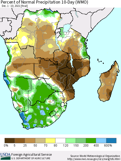 Southern Africa Percent of Normal Precipitation 10-Day (WMO) Thematic Map For 12/1/2021 - 12/10/2021