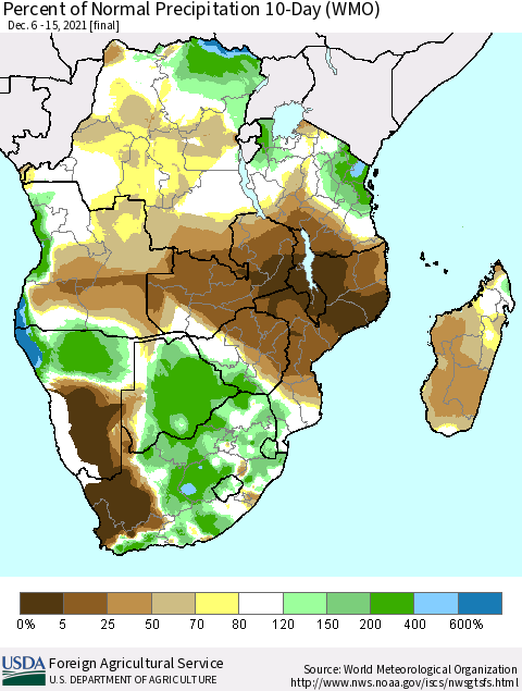 Southern Africa Percent of Normal Precipitation 10-Day (WMO) Thematic Map For 12/6/2021 - 12/15/2021