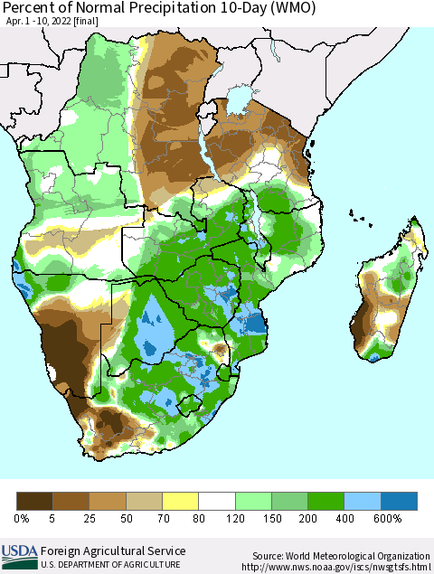 Southern Africa Percent of Normal Precipitation 10-Day (WMO) Thematic Map For 4/1/2022 - 4/10/2022