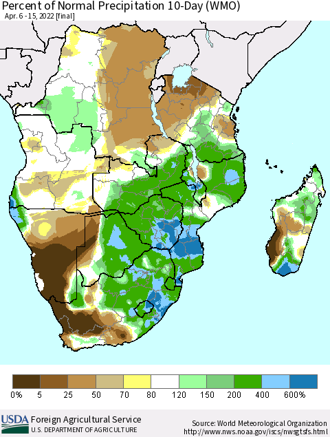 Southern Africa Percent of Normal Precipitation 10-Day (WMO) Thematic Map For 4/6/2022 - 4/15/2022