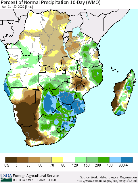 Southern Africa Percent of Normal Precipitation 10-Day (WMO) Thematic Map For 4/11/2022 - 4/20/2022