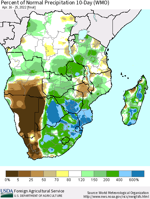 Southern Africa Percent of Normal Precipitation 10-Day (WMO) Thematic Map For 4/16/2022 - 4/25/2022