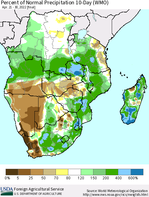 Southern Africa Percent of Normal Precipitation 10-Day (WMO) Thematic Map For 4/21/2022 - 4/30/2022