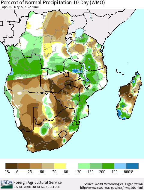 Southern Africa Percent of Normal Precipitation 10-Day (WMO) Thematic Map For 4/26/2022 - 5/5/2022