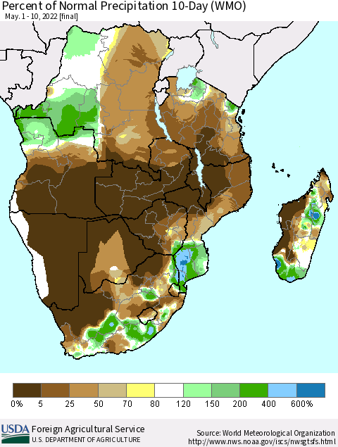 Southern Africa Percent of Normal Precipitation 10-Day (WMO) Thematic Map For 5/1/2022 - 5/10/2022