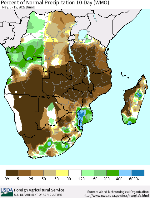 Southern Africa Percent of Normal Precipitation 10-Day (WMO) Thematic Map For 5/6/2022 - 5/15/2022